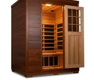 Interior of outdoor full spectrum infrared sauna: bench, near/mid/far infrared panels, low-EMF design — SpiritualQuest - Donovan Series