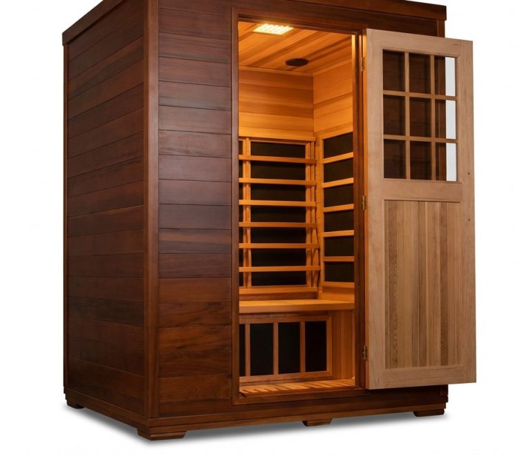 Interior of outdoor full spectrum infrared sauna: bench, near/mid/far infrared panels, low-EMF design — SpiritualQuest - Donovan Series