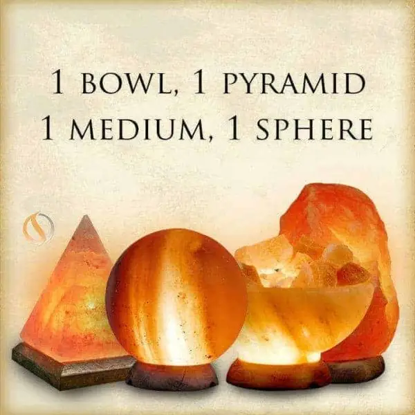 1 Bowl, 1 Sphere, 1 Medium Salt Lamp, 1 Pyramid