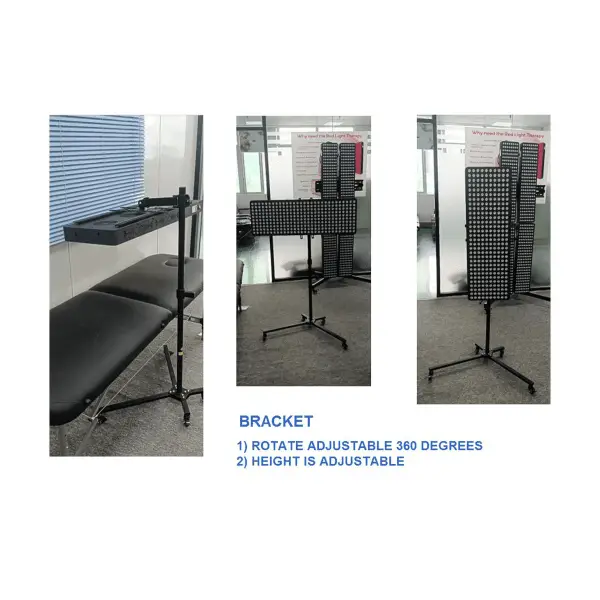 Different views of a red light panel mounted on adjustable 360 stand