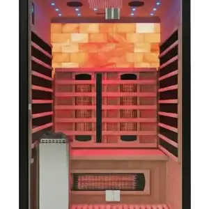 Maverick hybrid sauna interior with full spectrum infrared heaters and traditional hot stone setup for deep detoxification