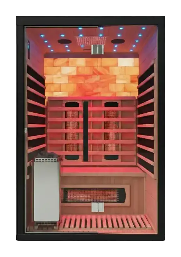 Maverick hybrid sauna interior with full spectrum infrared heaters and traditional hot stone setup for deep detoxification