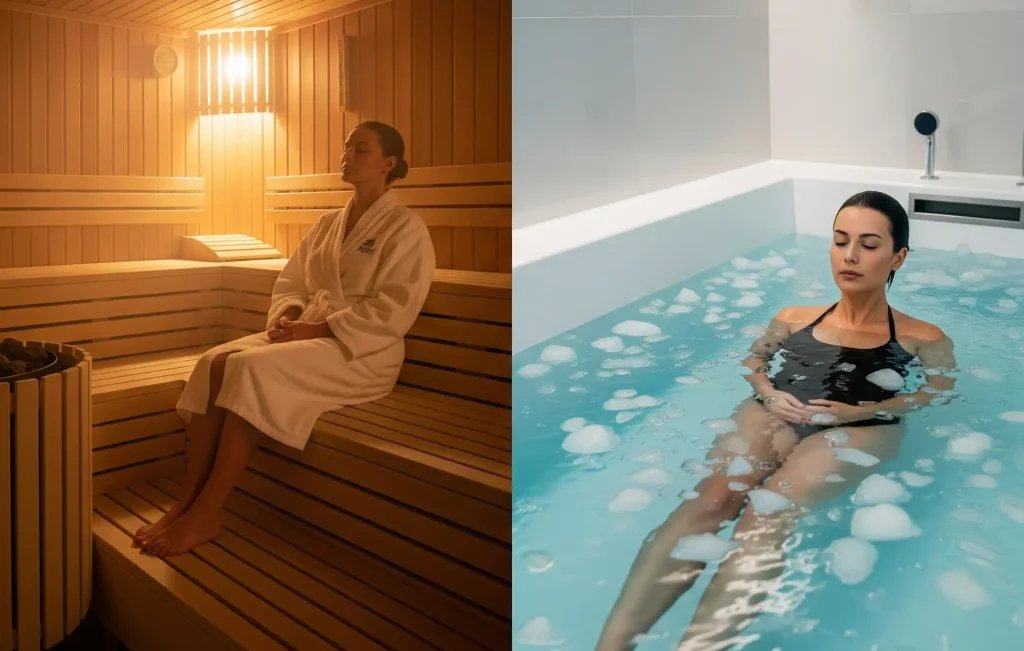 Hot and cold therapy comparison: Inviting sauna and serene cold plunge.