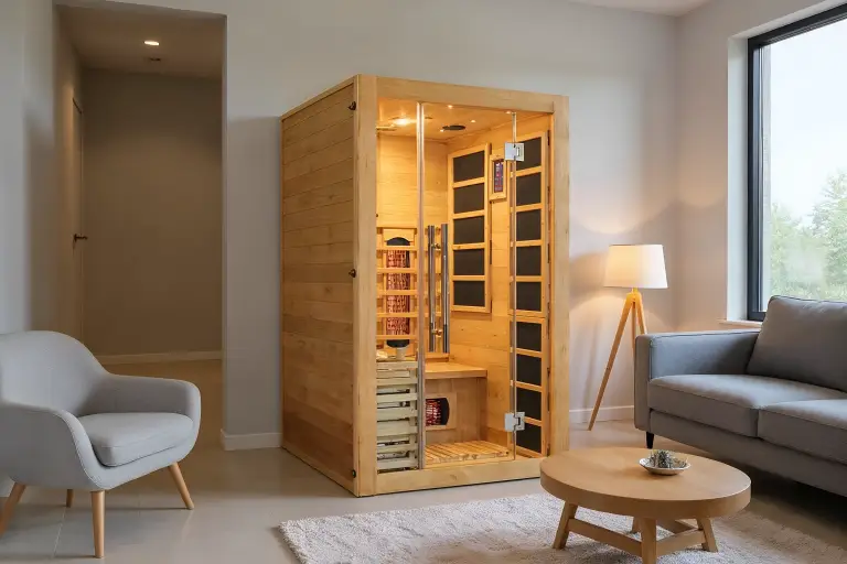 Image of an aesthetically pleasing Infrared sauna in the living room of an apartment.