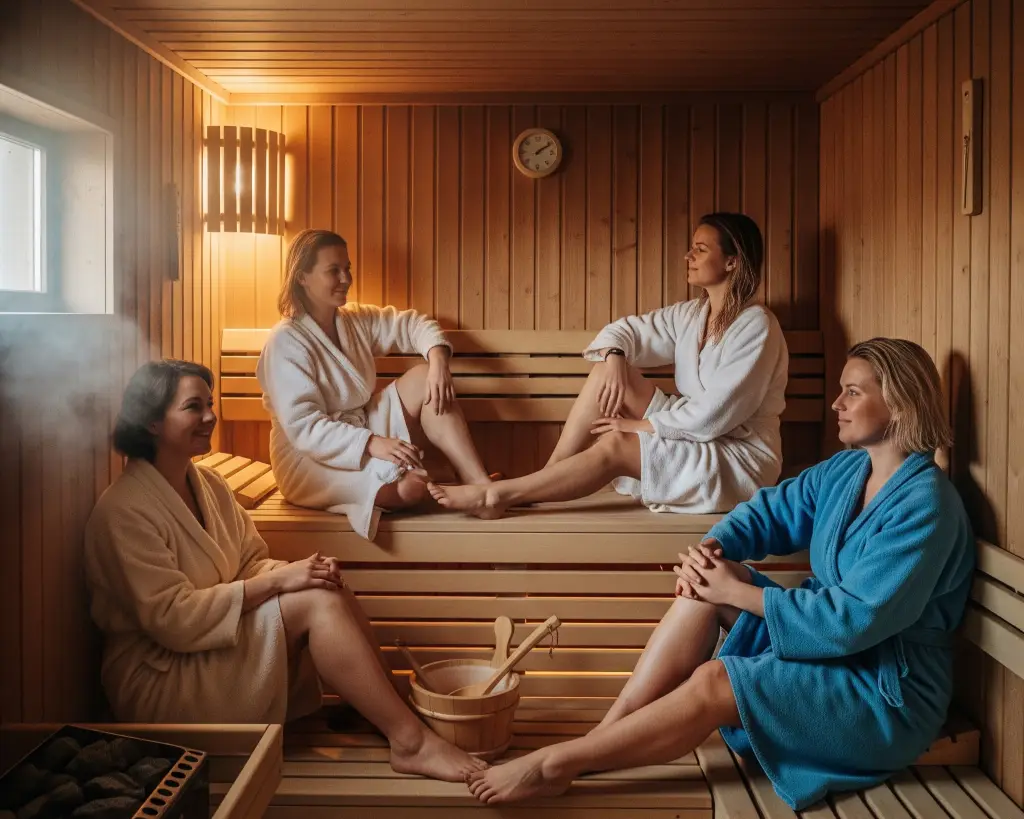 Four women enjoying a sauna together for rejuvenation.