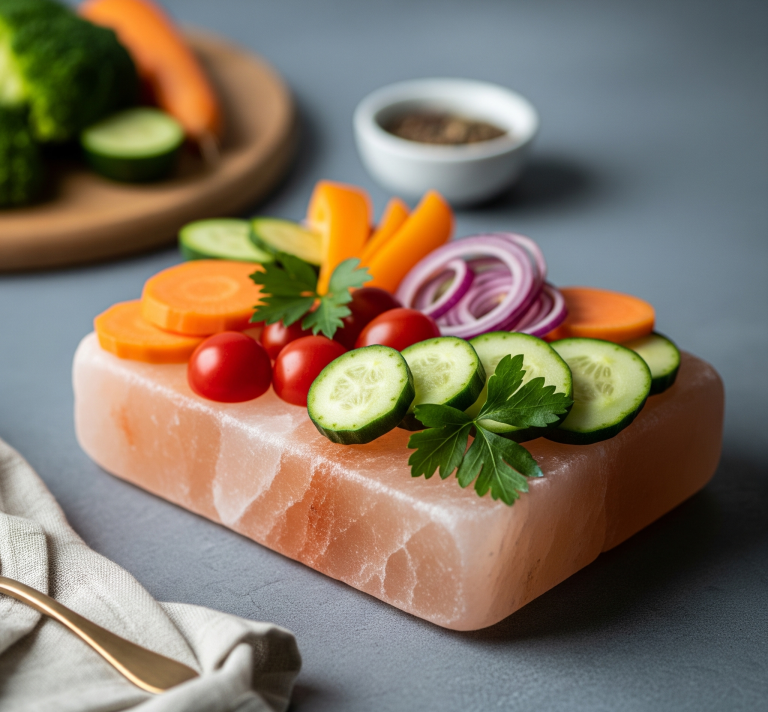A beautifully styled image of a vibrant vegetable platter, including sliced cucumbers, carrots, bell peppers, cherry tomatoes, and red onion, artfully arranged on a chilled Himalayan salt brick, showcasing its aesthetic appeal and functionality.