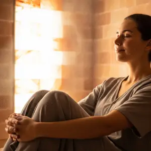 A person relaxing and breathing in the benefits of dry salt therapy inside a salt room.