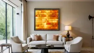 4x4 backlit Himalayan salt wall with warm amber glow in a living room of a home.