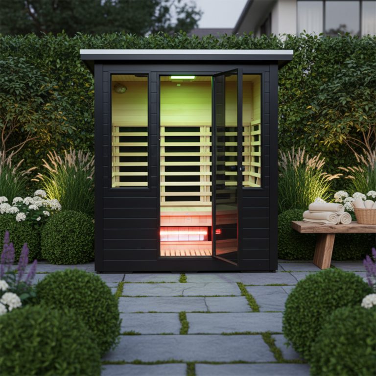 Outdoor four-person Infrared sauna in a backyard patio with a stone path leading up to it.