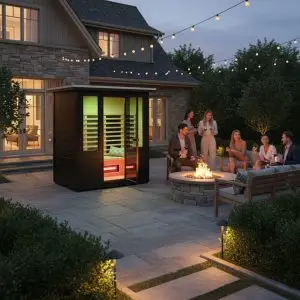 Outdoor four-person sauna on a terrace