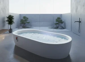 Cold plunge sitting in a modern and spacious bathroom