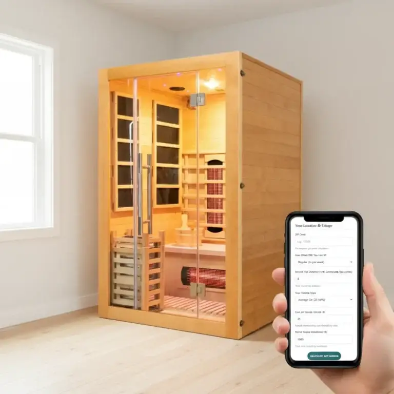 The spiritual quest personal ROI calculator being showcased on a mobile phone with the Maverick 2 person sauna in the background.