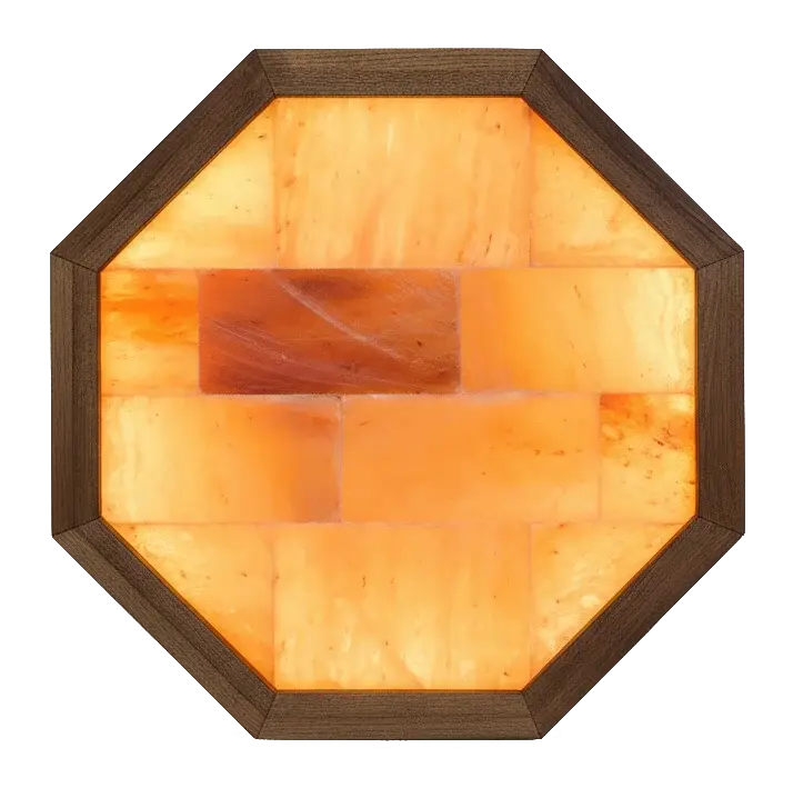 Octagonal Himalayan salt glow panel with warm amber LED backlighting and walnut wood frame